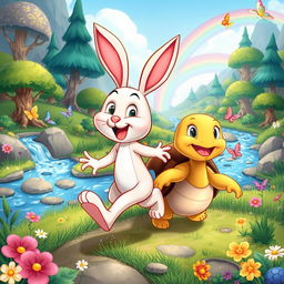 A vibrant and colorful cartoon scene featuring two adorable animal characters: a cheerful rabbit and a fun-loving tortoise named Benny