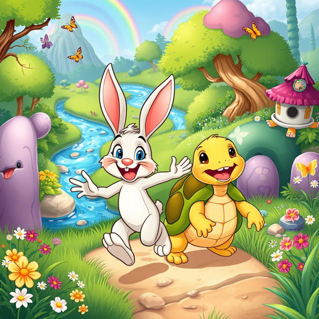 A vibrant and colorful cartoon scene featuring two adorable animal characters: a cheerful rabbit and a fun-loving tortoise named Benny