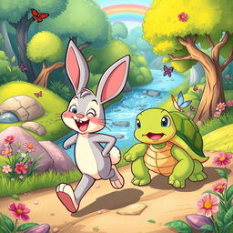 A vibrant and colorful cartoon scene featuring two adorable animal characters: a cheerful rabbit and a fun-loving tortoise named Benny