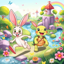 A vibrant and colorful cartoon scene featuring two adorable animal characters: a cheerful rabbit and a fun-loving tortoise named Benny