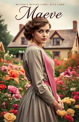A captivating book cover for 'Maeve', featuring a young woman in a vintage cottage core style, dressed in early 20th-century attire, standing in a lush, vibrant garden surrounded by blooming flowers, symbolizing her dreams and desires