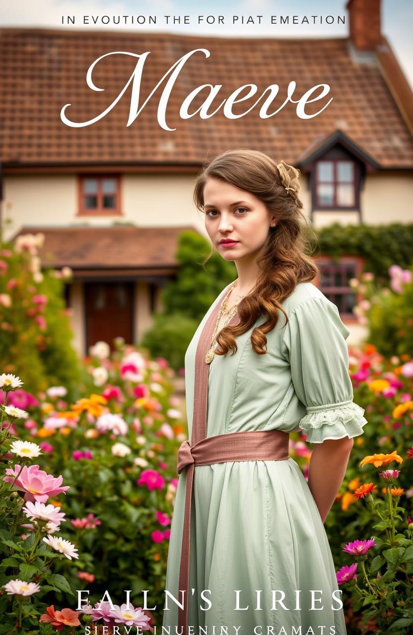 A captivating book cover for 'Maeve', featuring a young woman in a vintage cottage core style, dressed in early 20th-century attire, standing in a lush, vibrant garden surrounded by blooming flowers, symbolizing her dreams and desires