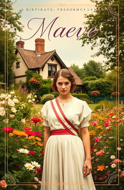 A captivating book cover for 'Maeve', featuring a young woman in a vintage cottage core style, dressed in early 20th-century attire, standing in a lush, vibrant garden surrounded by blooming flowers, symbolizing her dreams and desires