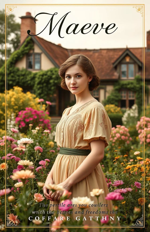 A captivating book cover for 'Maeve', featuring a young woman in a vintage cottage core style, dressed in early 20th-century attire, standing in a lush, vibrant garden surrounded by blooming flowers, symbolizing her dreams and desires