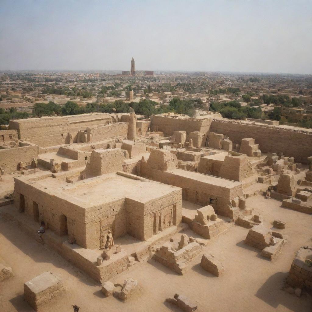 A view of the ancient city of Babylon where every inhabitant is engrossed in the worship of various statues, set against the backdrop of the city's prominent features.