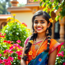 A vibrant Indian girl dressed in colorful traditional attire, standing gracefully in a lush green garden, with bright flowers blooming around her