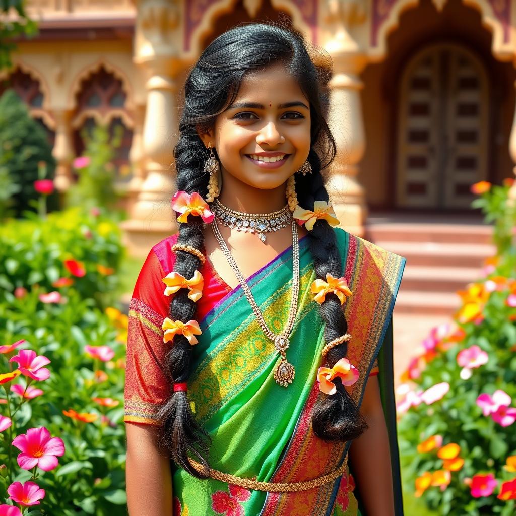 A vibrant Indian girl dressed in colorful traditional attire, standing gracefully in a lush green garden, with bright flowers blooming around her