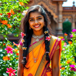 A vibrant Indian girl dressed in colorful traditional attire, standing gracefully in a lush green garden, with bright flowers blooming around her