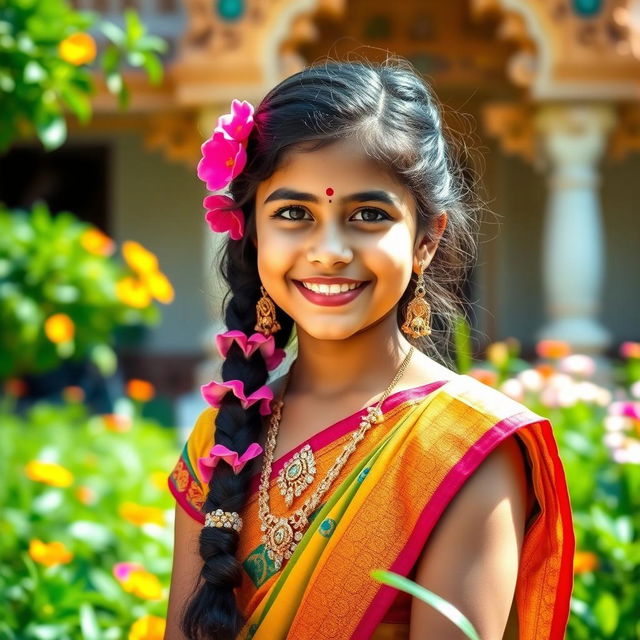 A vibrant Indian girl dressed in colorful traditional attire, standing gracefully in a lush green garden, with bright flowers blooming around her