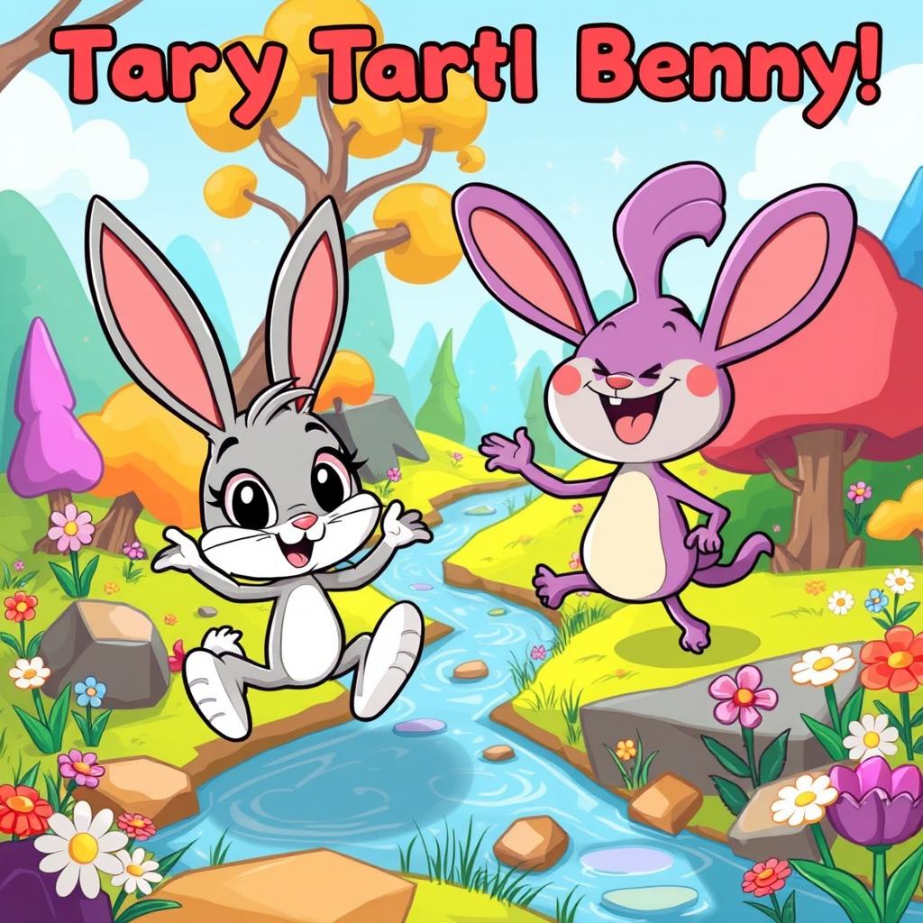 A vibrant and colorful cartoon scene featuring two cartoon characters, a playful rabbit and a whimsical creature named Tartle Benny, engaging in a fun and adventurous setting