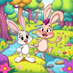 A vibrant and colorful cartoon scene featuring two cartoon characters, a playful rabbit and a whimsical creature named Tartle Benny, engaging in a fun and adventurous setting