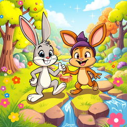 A vibrant and colorful cartoon scene featuring two cartoon characters, a playful rabbit and a whimsical creature named Tartle Benny, engaging in a fun and adventurous setting