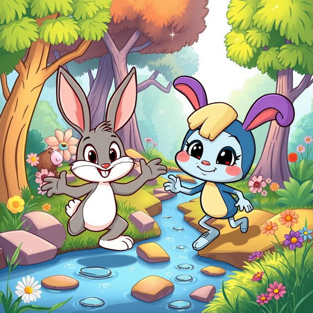 A vibrant and colorful cartoon scene featuring two cartoon characters, a playful rabbit and a whimsical creature named Tartle Benny, engaging in a fun and adventurous setting