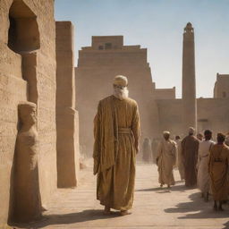 A radiant prophet entering the scene in the ancient city of Babylon, where every citizen is engaged in statue worship. His brilliance starkly contrasts the surrounding ancient cityscape.