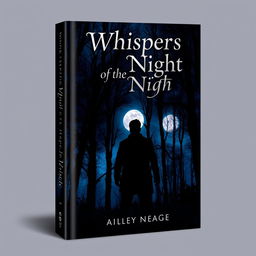 A captivating and mysterious book cover design featuring a dark forest at twilight, with shadowy trees and a glowing full moon peeking through the branches