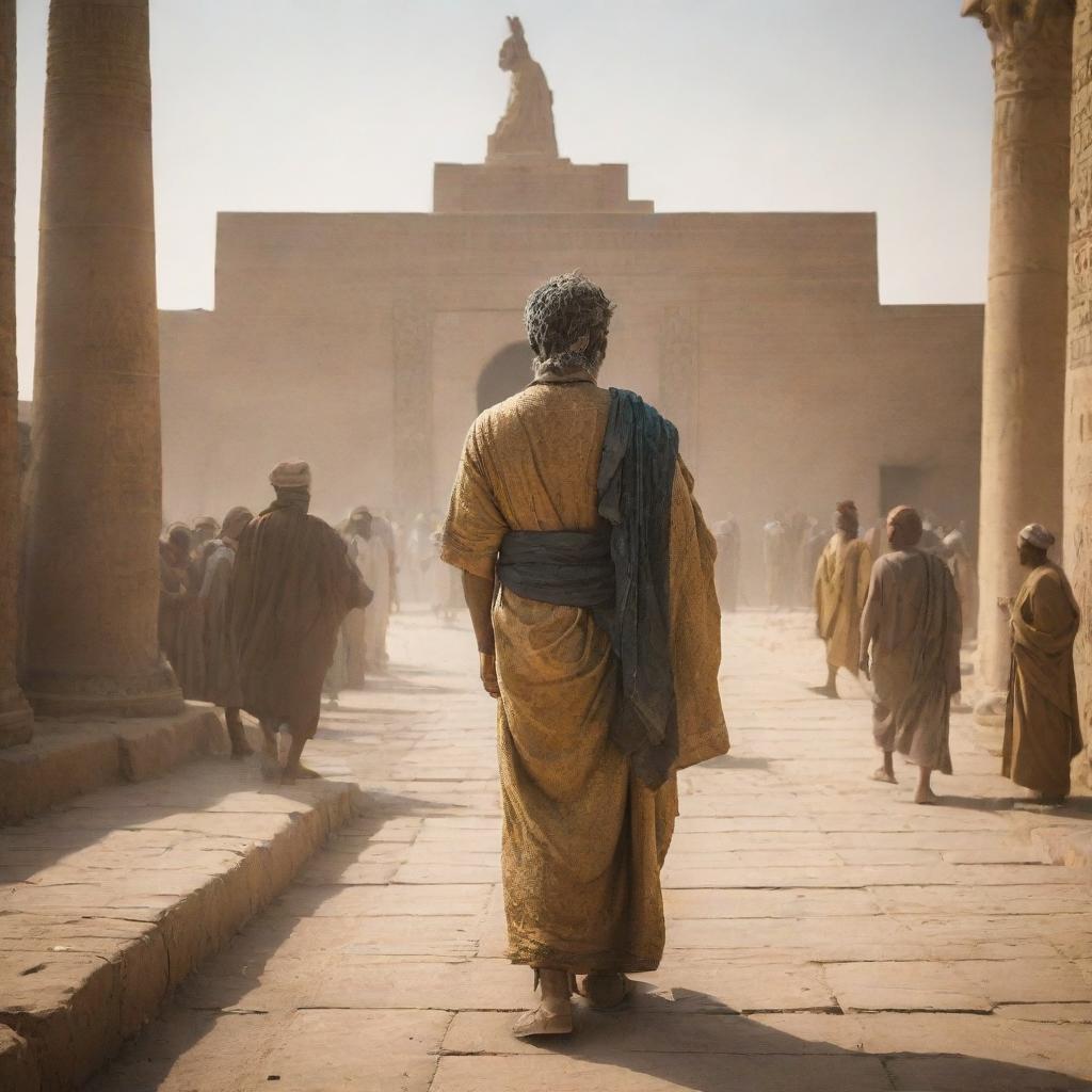 A radiant prophet entering the scene in the ancient city of Babylon, where every citizen is engaged in statue worship. His brilliance starkly contrasts the surrounding ancient cityscape.