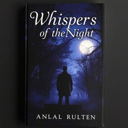 A captivating and mysterious book cover design featuring a dark forest at twilight, with shadowy trees and a glowing full moon peeking through the branches