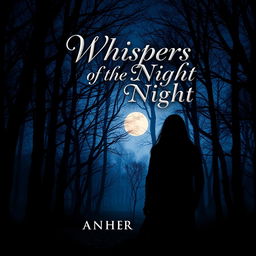 A captivating and mysterious book cover design featuring a dark forest at twilight, with shadowy trees and a glowing full moon peeking through the branches