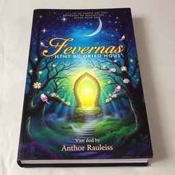 A captivating book cover featuring a mystical forest under a starlit sky, with an enchanting glowing portal at the center