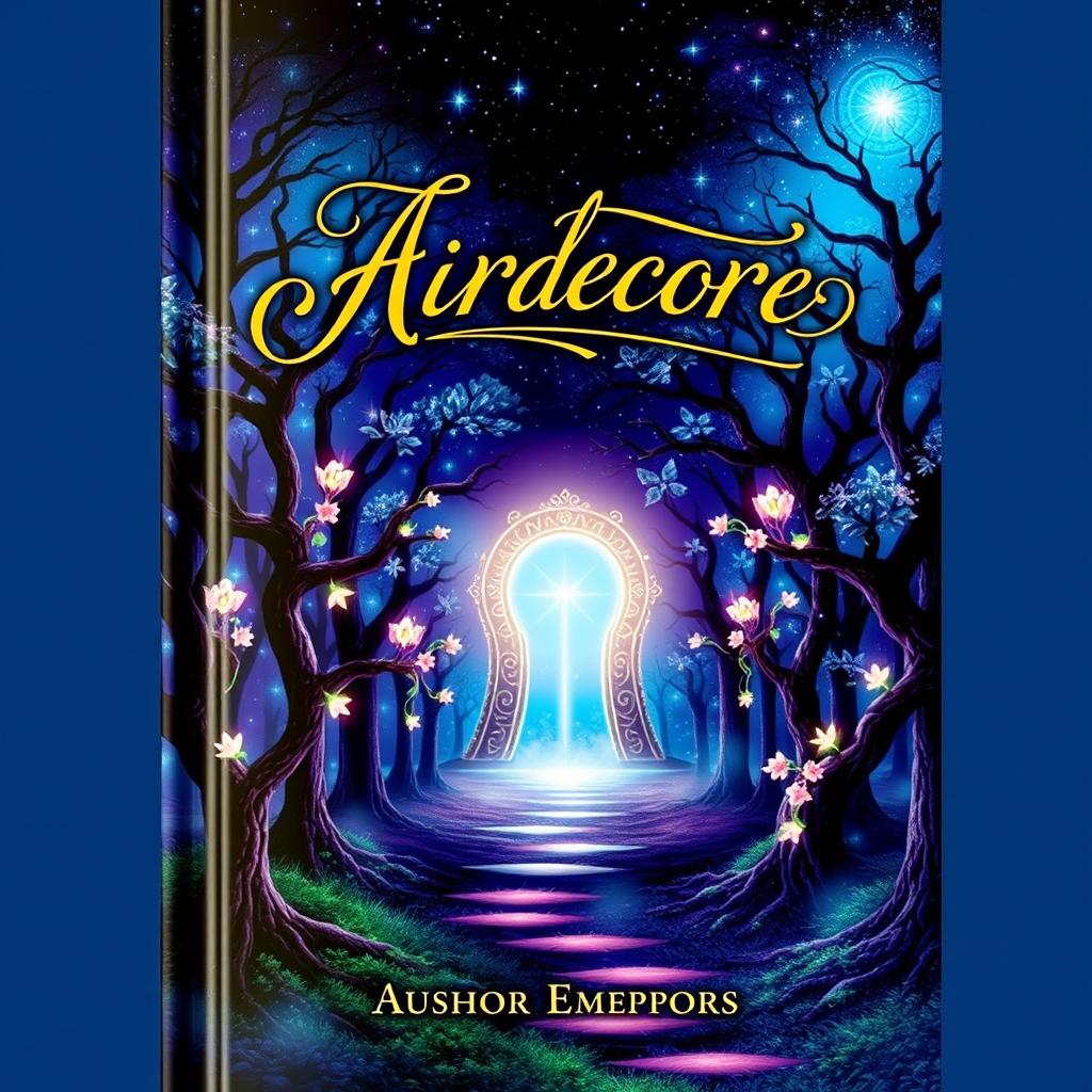 A captivating book cover featuring a mystical forest under a starlit sky, with an enchanting glowing portal at the center