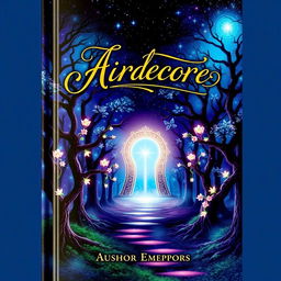 A captivating book cover featuring a mystical forest under a starlit sky, with an enchanting glowing portal at the center