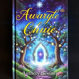 A captivating book cover featuring a mystical forest under a starlit sky, with an enchanting glowing portal at the center