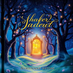 A captivating book cover featuring a mystical forest under a starlit sky, with an enchanting glowing portal at the center
