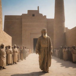 A radiant prophet entering the scene in the ancient city of Babylon, where every citizen is engaged in statue worship. His brilliance starkly contrasts the surrounding ancient cityscape.