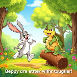 A delightful cartoon scene featuring two anthropomorphic characters: a rabbit and a turtle named Benny