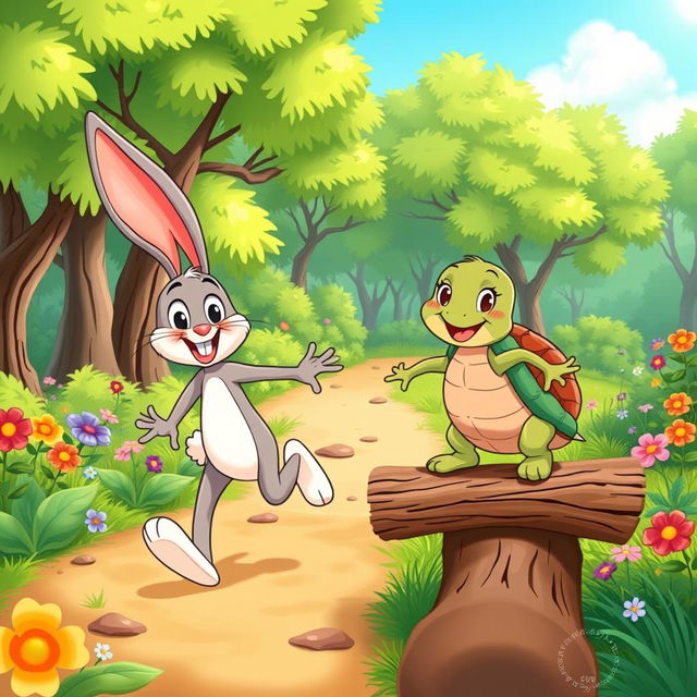 A delightful cartoon scene featuring two anthropomorphic characters: a rabbit and a turtle named Benny