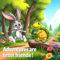 A delightful cartoon scene featuring two anthropomorphic characters: a rabbit and a turtle named Benny