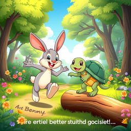 A delightful cartoon scene featuring two anthropomorphic characters: a rabbit and a turtle named Benny