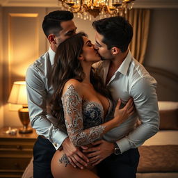 A beautifully intimate scene set in a luxurious hotel room, featuring a mesmerizing woman who radiates passion and allure