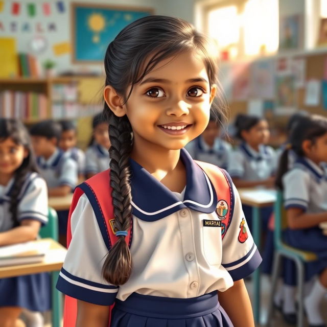 A vibrant scene depicting a young Indian school girl wearing a traditional school uniform, complete with a crisp white shirt and navy blue skirt