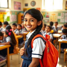 A vibrant scene depicting a young Indian school girl wearing a traditional school uniform, complete with a crisp white shirt and navy blue skirt