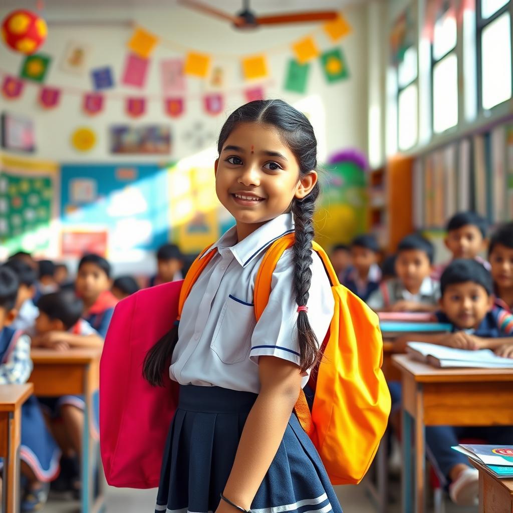 A vibrant scene depicting a young Indian school girl wearing a traditional school uniform, complete with a crisp white shirt and navy blue skirt