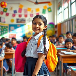 A vibrant scene depicting a young Indian school girl wearing a traditional school uniform, complete with a crisp white shirt and navy blue skirt