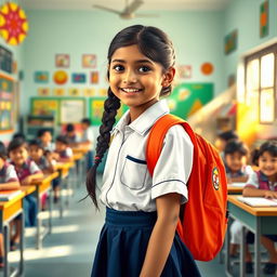 A vibrant scene depicting a young Indian school girl wearing a traditional school uniform, complete with a crisp white shirt and navy blue skirt