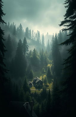 A mystical village surrounded by a dense, mysterious forest