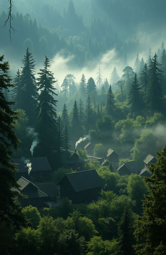 A mystical village surrounded by a dense, mysterious forest