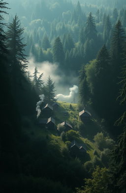 A mystical village surrounded by a dense, mysterious forest