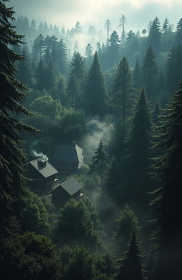 A mystical village surrounded by a dense, mysterious forest