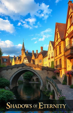 A picturesque scene of a quaint, ancient-looking town with cobblestone streets and charming old buildings, bathed in warm, golden sunlight