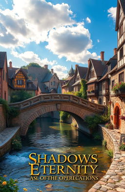 A picturesque scene of a quaint, ancient-looking town with cobblestone streets and charming old buildings, bathed in warm, golden sunlight