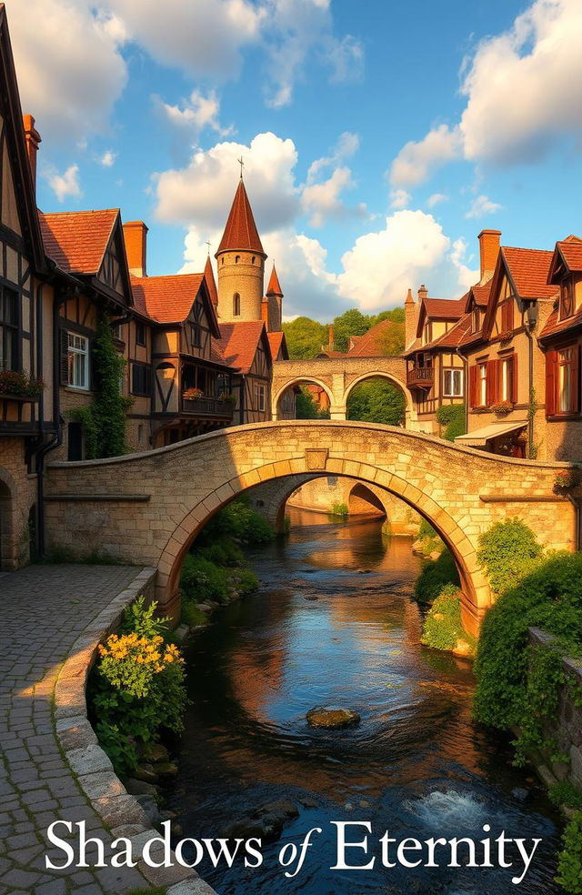 A picturesque scene of a quaint, ancient-looking town with cobblestone streets and charming old buildings, bathed in warm, golden sunlight