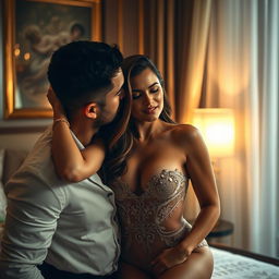 A passionate and intimate scene set in a luxurious hotel room, showcasing a captivating woman at the center of the composition