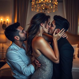 A passionate and intimate scene set in a luxurious hotel room, showcasing a captivating woman at the center of the composition