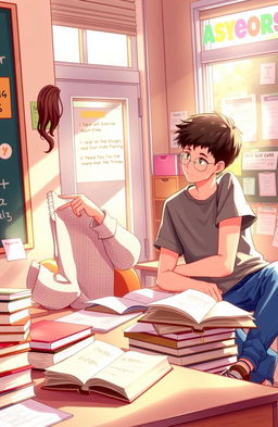 A scene depicting two high school teenagers, a girl and a boy, studying together in a cozy classroom environment