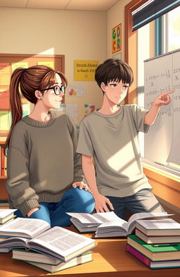 A scene depicting two high school teenagers, a girl and a boy, studying together in a cozy classroom environment