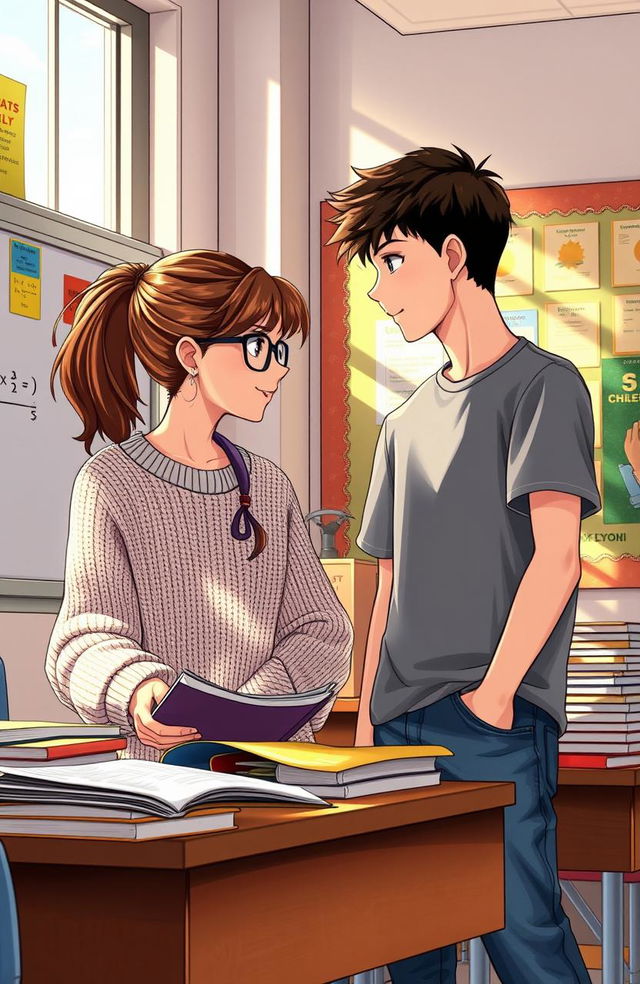 A scene depicting two high school teenagers, a girl and a boy, studying together in a cozy classroom environment